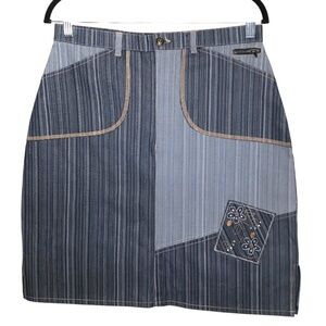 Patchwork Striped Denim Skirt with Embroidered Detail